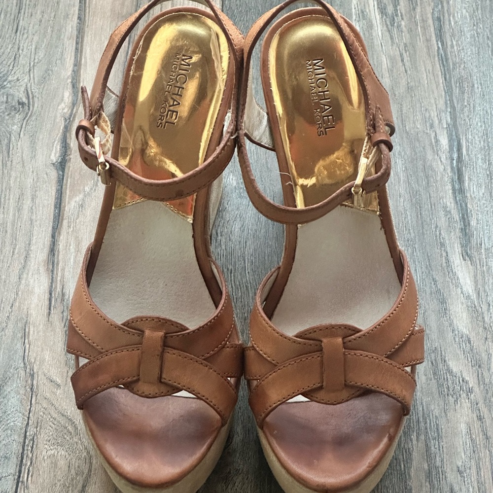 Michael Kors Brown T-Strap Sandals with Ankle Buckle